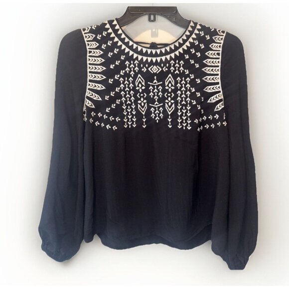 Boho Womens Black White Embroidered Tie Back Top Sz M Festival Peasant Hippie - Picture 1 of 9